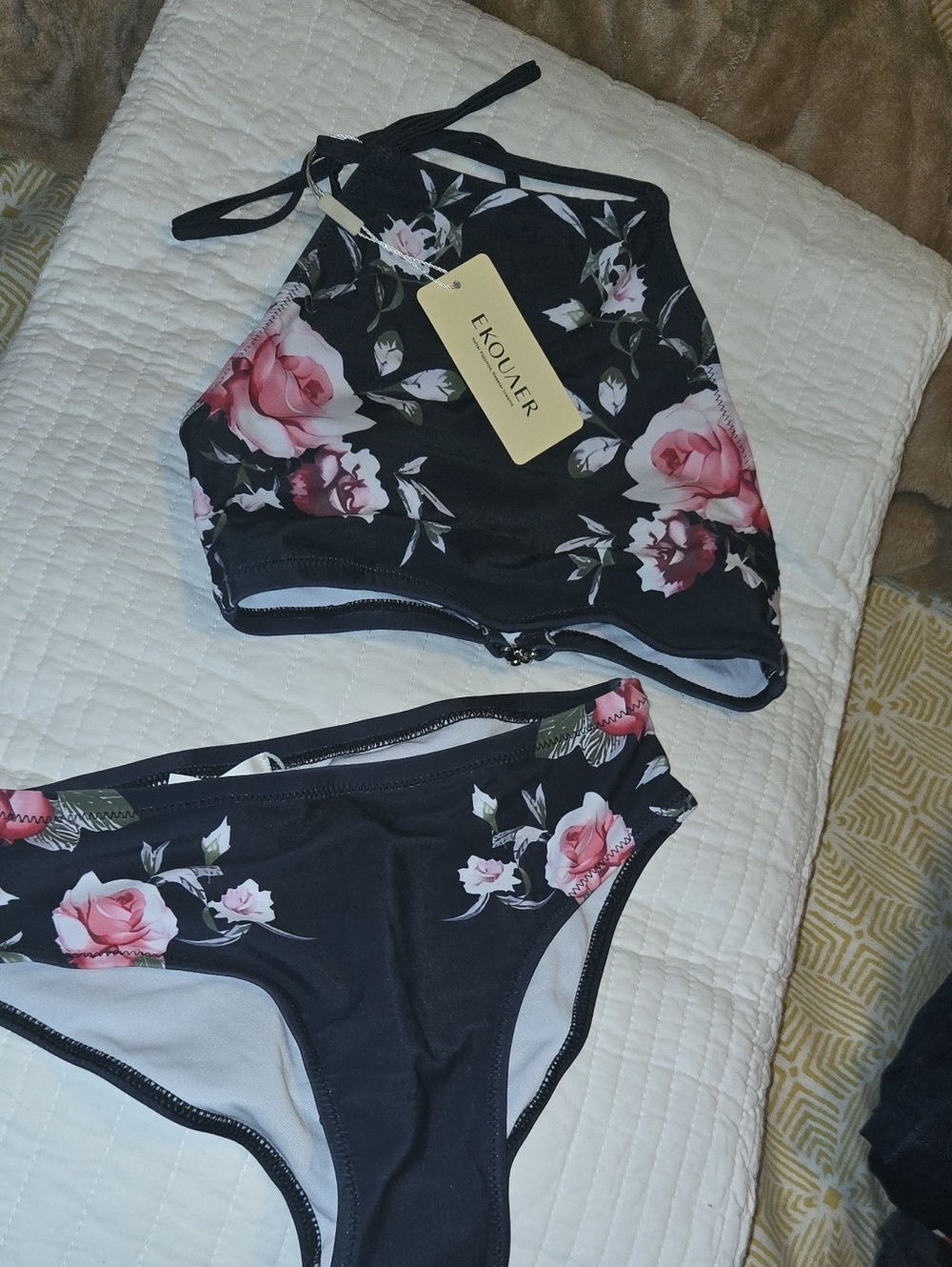 Women's Black Floral High-Neck Bikini Set
